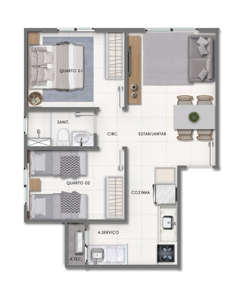 Planta do living de 2 quartos com 44,02 m²