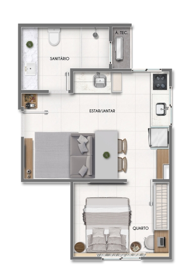 Planta do studio com 33,68m²